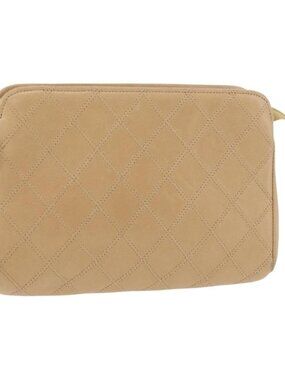 CHANEL Bicolore Pouch Lamb Skin Beige Gold CC Auth 177796